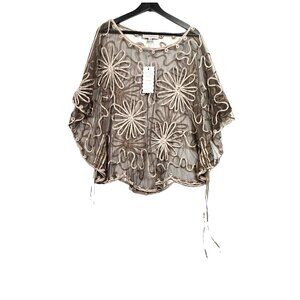 Pretty Angel Brown Sheer Layering Top Floral Applique Silk Blend One Size NWT